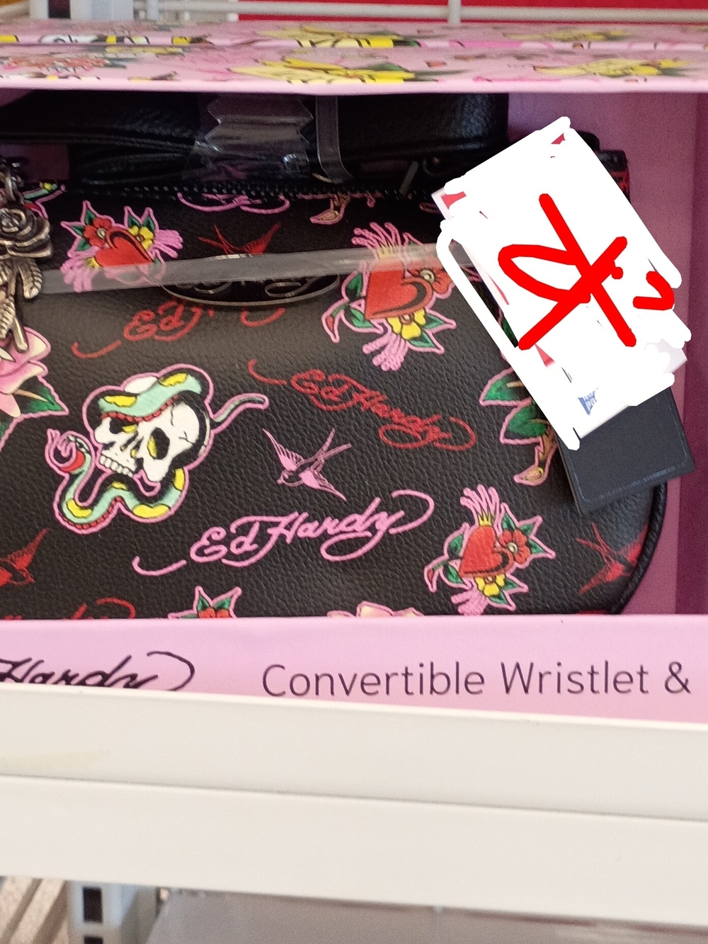 Ed Hardy Black Wristlet with Pink Tattoo Motif